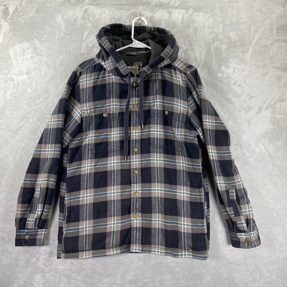 L.L. Bean Hoodie men's Small Fleece Lined Flannel Snap Buttons Slightly Fitted